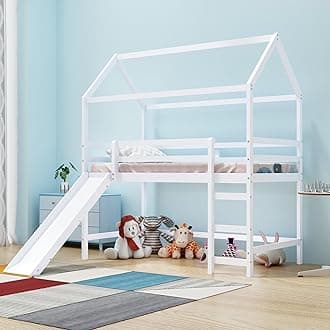 Twin Size Loft Bed with Slide, Wood House Loft Bed with Built-in Ladder and Safety Guardrail, Space Saving House Bed with 3 Extra Slats Support for Teens, Boys, Girls, No Box Spring Needed, White
