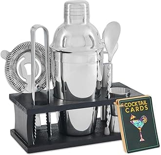 8-Piece Cocktail Shaker Set, Bartender Kit with Black Wood Stand, Stainless Steel Bar Tool Set for Drink Mixing Home Bartending Kit