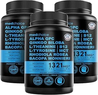 12-in-1 Nootropic Brain Supplement Anhydrous: Ginkgo Biloba for Brain Support, Memory and Focus - B12, Alpha GPC, L Theanine and Choline Supplements with Bioperine non Caffeinated 1321mg (180ct)