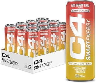 C4 Smart Energy Drinks Red Berry Yuzu 330ml (12 pack) | Sugar Free Energy Drink with 106mg Natural Caffeine, Brainberry, Nootropics, Vitamin C | Natural Energy Drink for Mental Focus On the Go