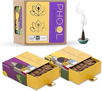 Pack of 2 Natural Incense Cones,Phool Meditation Pack(80 Organic Cones |2 Fragrances:Nagchampa & Patchouli)+1 Free Ceramic Holder |Handrolled |Sulpher & Charcoal Free |100% Organic & Natural 500 GMS