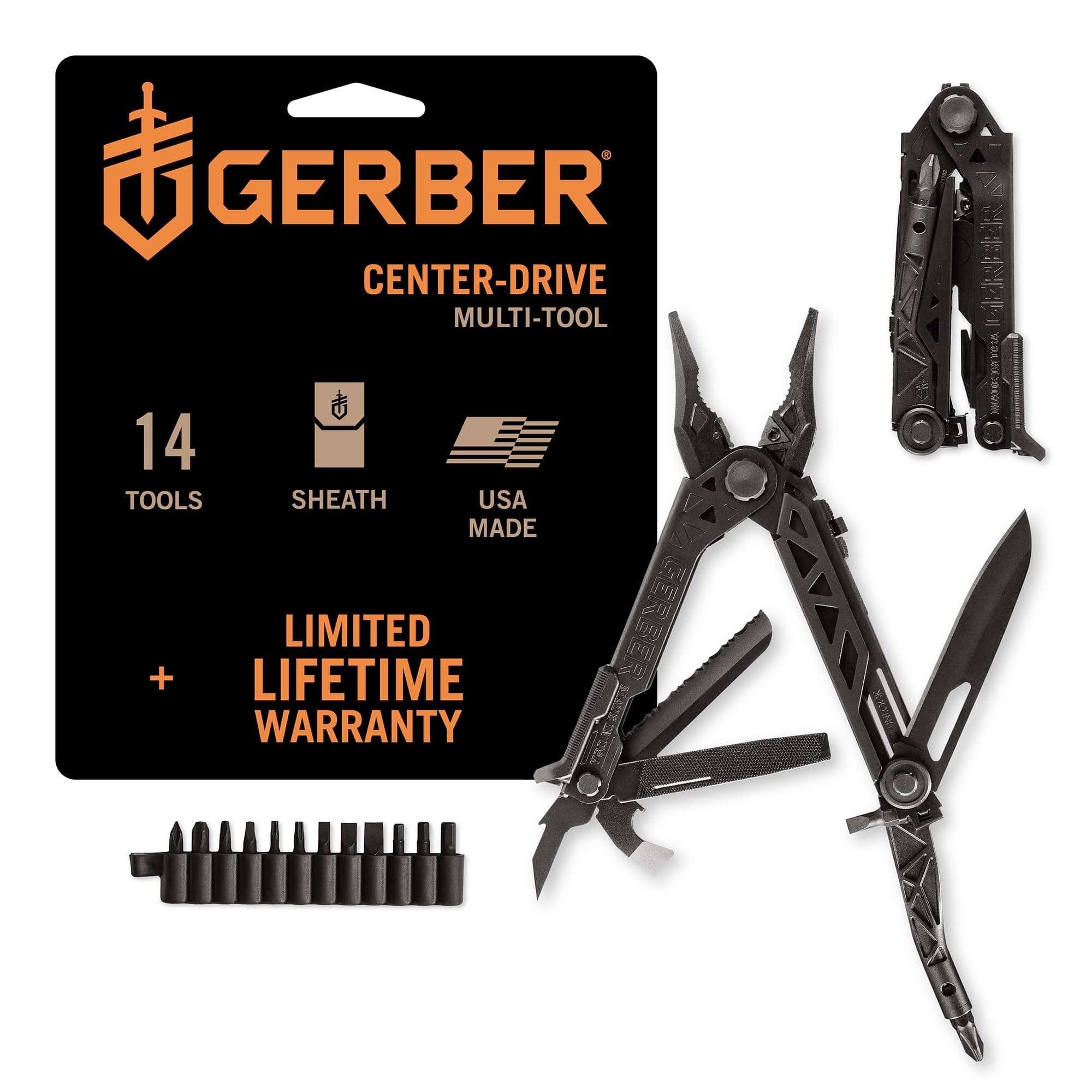 Gerber Gear Center-Drive Multitool - Includes 3.25" Plain Edge Knife, Needle Nose Pliers, Center-Axis Bit Driver, Wire Cutter, Pry Bar, Nail Puller - Comes with Bit Set & Sheath - Made in USA - Black