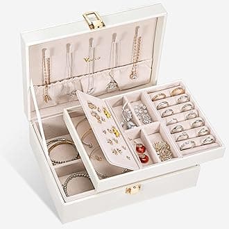 Voova Jewelry Box Organizer for Women Girls, 2 Layer Large Men Jewelry Storage Case, PU Leather Display Jewellery Holder with Removable Tray for Necklace Earrings Rings Bracelets, Vintage Gift, White