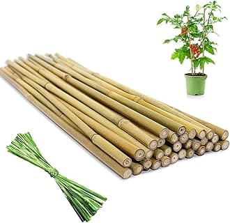 [32 Pcs] Garden Stakes, 18 Inches Natural Bamboo Plant Stakes, Plant Support Stakes with Twist Ties, Bamboo Sticks for Tomatoes, Beans, Flowers, Potted Plants, Indoor and Outdoor Climbing Plants