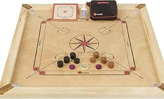 Carrom Game, Karrom Board, Complete with Stones and Powder - India Made - Hardwood Kikar - 2-4 Players, Age 8+