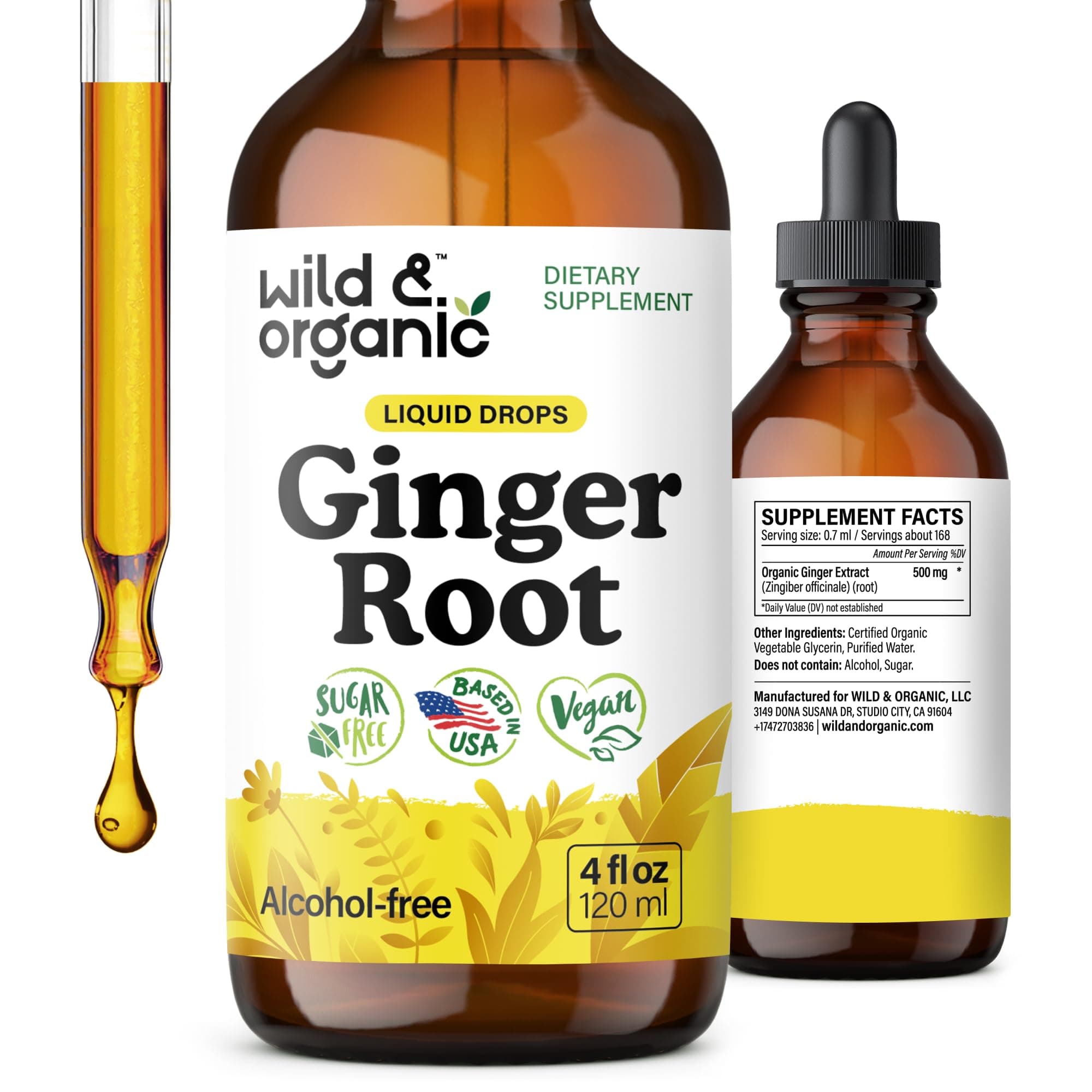 Wild & Organic Ginger Root Extract Drops - Immune & Digestive Support - Liquid Ginger Supplements - Vegan, Sugar & Alcohol-Free Tincture - 4 fl oz