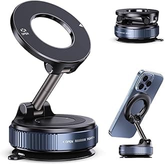 Jikasho Vacuum Magnetic Suction Phone Holder, Foldable and Retractable Hands-Free Suction Cup Phone Mount for Car/Gym/Mirror/Smooth Surface, Compatible with iPhone Android and All Smartphones (Black)