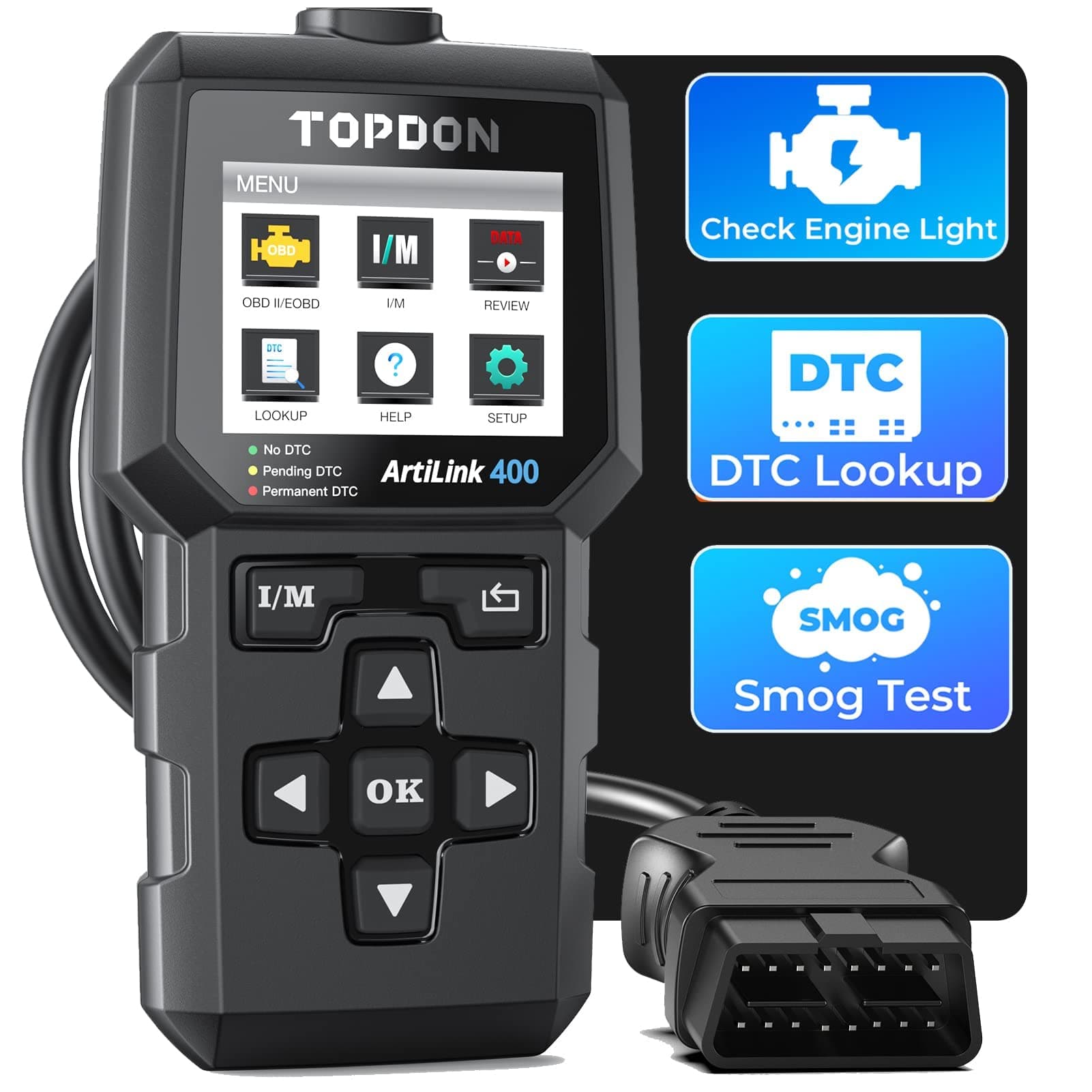 TOPDON AL400-A OBD2 Code Reader, 10 OBD2 Functions, Check Engine Light/Smog Emission Test / O2 Sensor Test/EVAP, Free Lifetime Update