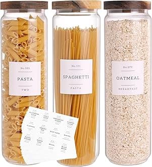 Glass Storage Jars with Airtight Acacia Wood Lid, 1.4L Thick Glass, Kitchen Storage Jars with 132 Pantry Labels, Tall Food Storage Jars with Wooden Lid for Pasta, Spaghetti