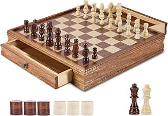 VEVOR Solid Wood Chess Set, 15 inch 2-in-1 Chess Checkers Game Set, Chess Board Games with Storage Drawer & Weighted Chess Checkers Pieces & 2 Queens, Christmas Crafts Xmas Gift