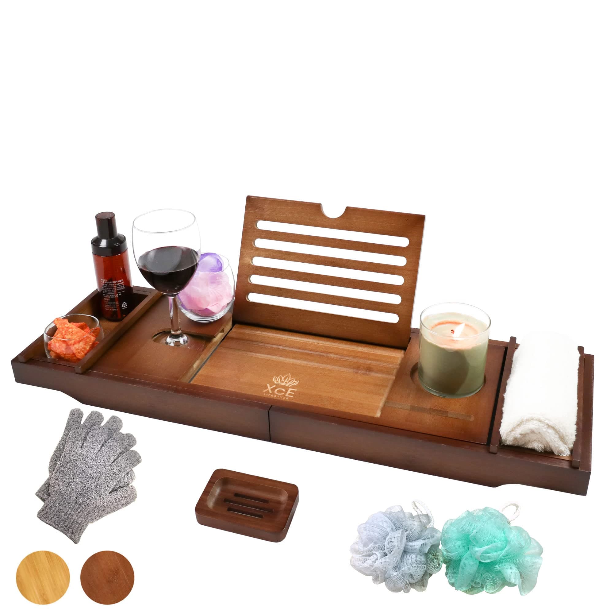XcE Bath Caddy Tray (Brown) With Solid Bamboo book stand - Bamboo Wood Bath Tray and Bath Caddy