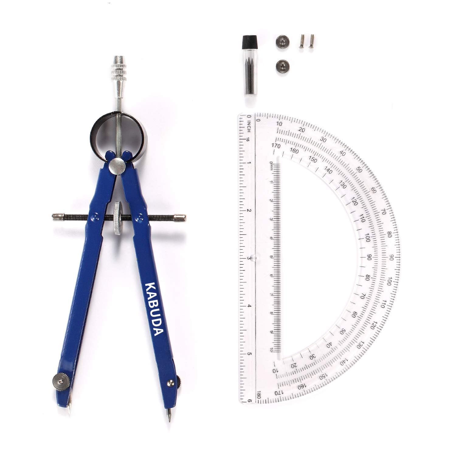 Professional Precision Compass Set, Metal Spring Bow Compass with Protractor, Lock, Pencil Leads & Screw Replacements, for Geometry, Math, Drafting, Drawing & Measuring, School & Office Supplies