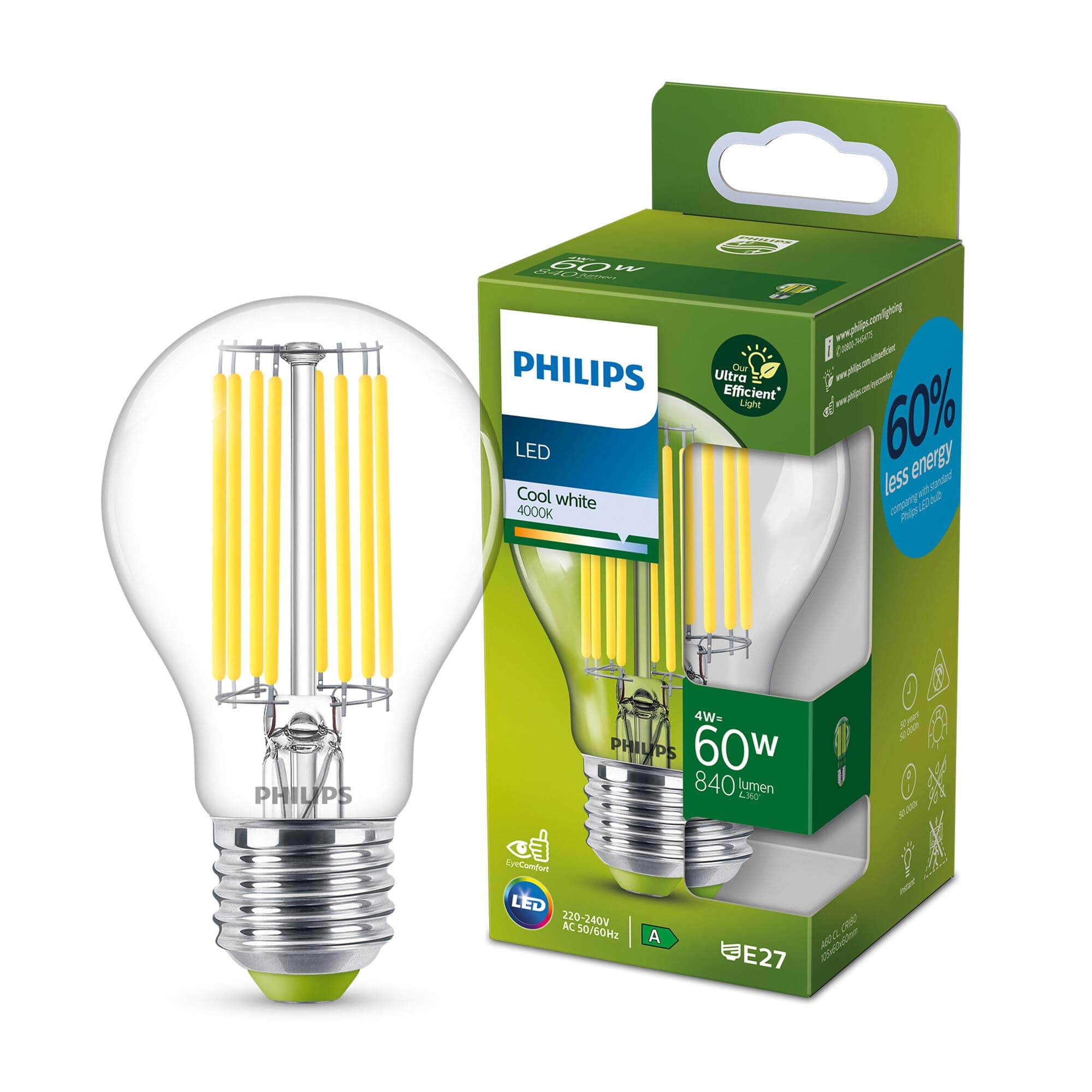 PHILIPS Ultra Efficient - Ultra Energy Saving Lights, LED Light Source, 60W, A60, E27, Cool White 4000 Kelvin, Clear