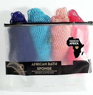 4 Piece African Exfoliating Net Sponge Long African Bath Sponge, Authentic Ethically Sourced from Nigeria, Great for Daily Use (Navy Blue, Baby Blue, Blush, Pink)