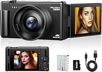 4K Digital Camera for Photography, 72MP Autofocus Vlogging Cameras for YouTube with 64GB SD Card and Battery, 18X Digital Zoom 2.8" 270° Flip Screen Compact Travel Camera for Teens