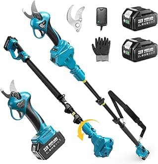 Seesii 2-in-1 Cordless Electric Pruning Shears with Pole, 15Ft Reach, 1.2" Cutting Diameter, 21V 2x 4000mAh Batteries, Battery Powered Tree Pruner with Brushless Motor for Efficient Branch Trimming