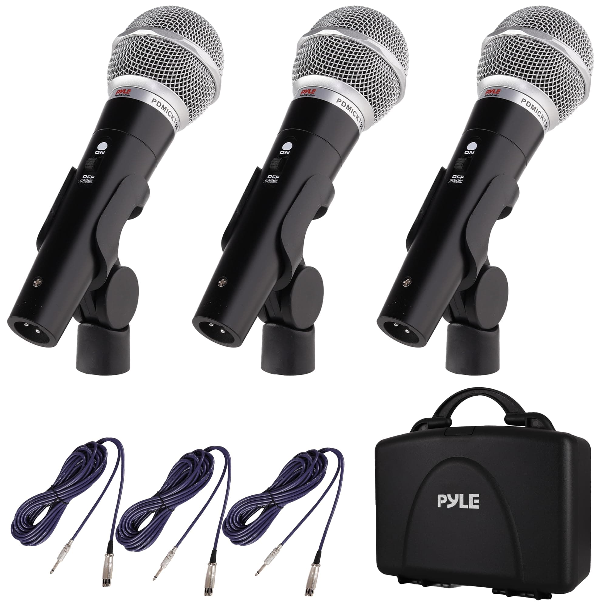 Pyle 3 Piece Professional Dynamic Microphone Kit Cardioid Unidirectional Vocal Handheld Mic With Hard Carry Case & Bag, Holder/Clip 26Ft XLr Audio Cable To 1/4'' Connection (Pdmickt34)