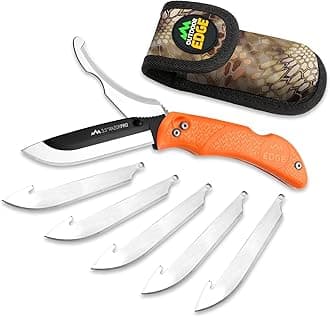 OUTDOOR EDGE RazorPro G Double Blade Hunting Knife – Replaceable Razor Sharp Skinning Blade & Gutting Knife for Fast Field Dressing, Non-Slip Black Handle, Black Sheath with 6 Extra Blades (Orange)