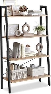 VASAGLE Ladder Shelf, 4-Tier Bookshelf, Storage Rack, Bookcase with Steel Frame, for Living Room, Home Office, Kitchen, Bedroom, Industrial Style, Camel Brown and Ink Black ULLS144B50