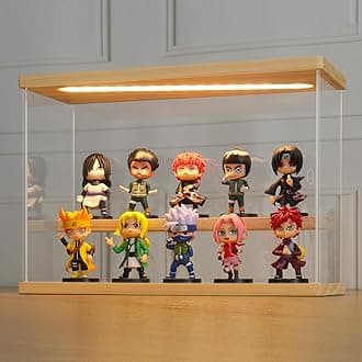 LANSCOERY LED Lighted Acrylic Display Case, 2 Tier Display Box for Collectibles and Action Figures, Clear Dustproof Organizer with Wooden Base – 11.8x4.3x7.9inch