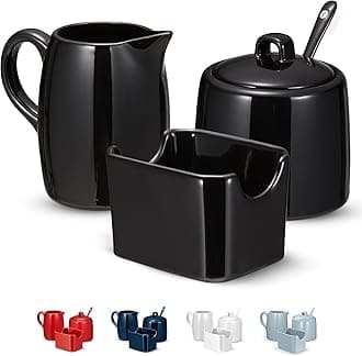 KooK Sugar and Creamer Set, 3 Piece, Pitcher, Sugar Bowl with Lid and Spoon, Sweetener Holder (Black)