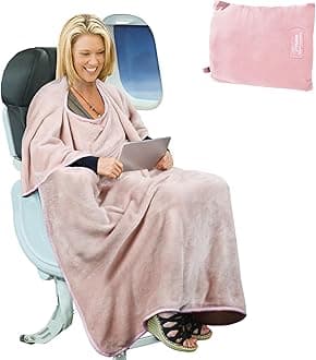 Tirrinia Travel Blanket Airplane Office Poncho 4 in 1 Premium Cozy Fleece Portable Poncho Blankets with Built-in Bag, Pocket