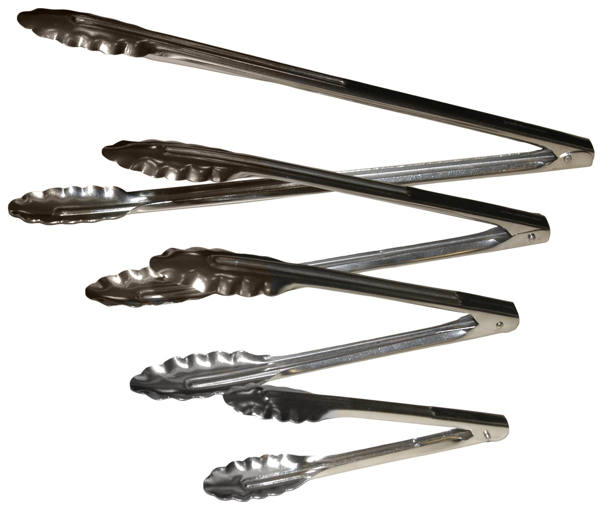 Complete Different Sized Utility Spring Tongs Including 16" Extra Heavy-Duty BBQ Tongs, 12" Salad, 9"and 7" Tongs, Set of 4