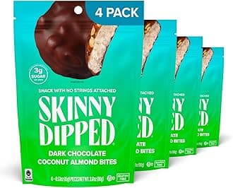 Dark Chocolate Coconut Almond Bites, Low Sugar Chocolate Coconut Bar, 3.17oz Resealable Bags, Pack of 4 (24 Bites Total)