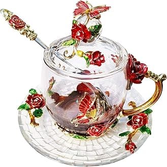 Crystal Tea Cup Coffee Mug with Lid Saucer Spoon Birthday Christmas Gift for Women Friends Female Grandma Mum Sister Home Decoration(Short Red)