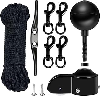NQ Flagpole Hardware Repair Parts Kit,50 Feet Halyard Rope+3" Black Ball+6" Zinc Alloy Cleat + 4 Metal Swivel Snap Clips + Aluminum Alloy Flagpole Truck with Nylon Pulley for 1.6"-2" Flag Poles