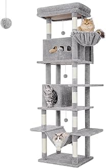 Hzuaneri Cat Tree for Indoor Cats, 210 cm Large Tall Cat Tower, Multi-Level Cats House with Condo, 8 Scratching Posts, Hammock, 4 Pom Poms, Light Grey MS21018LG