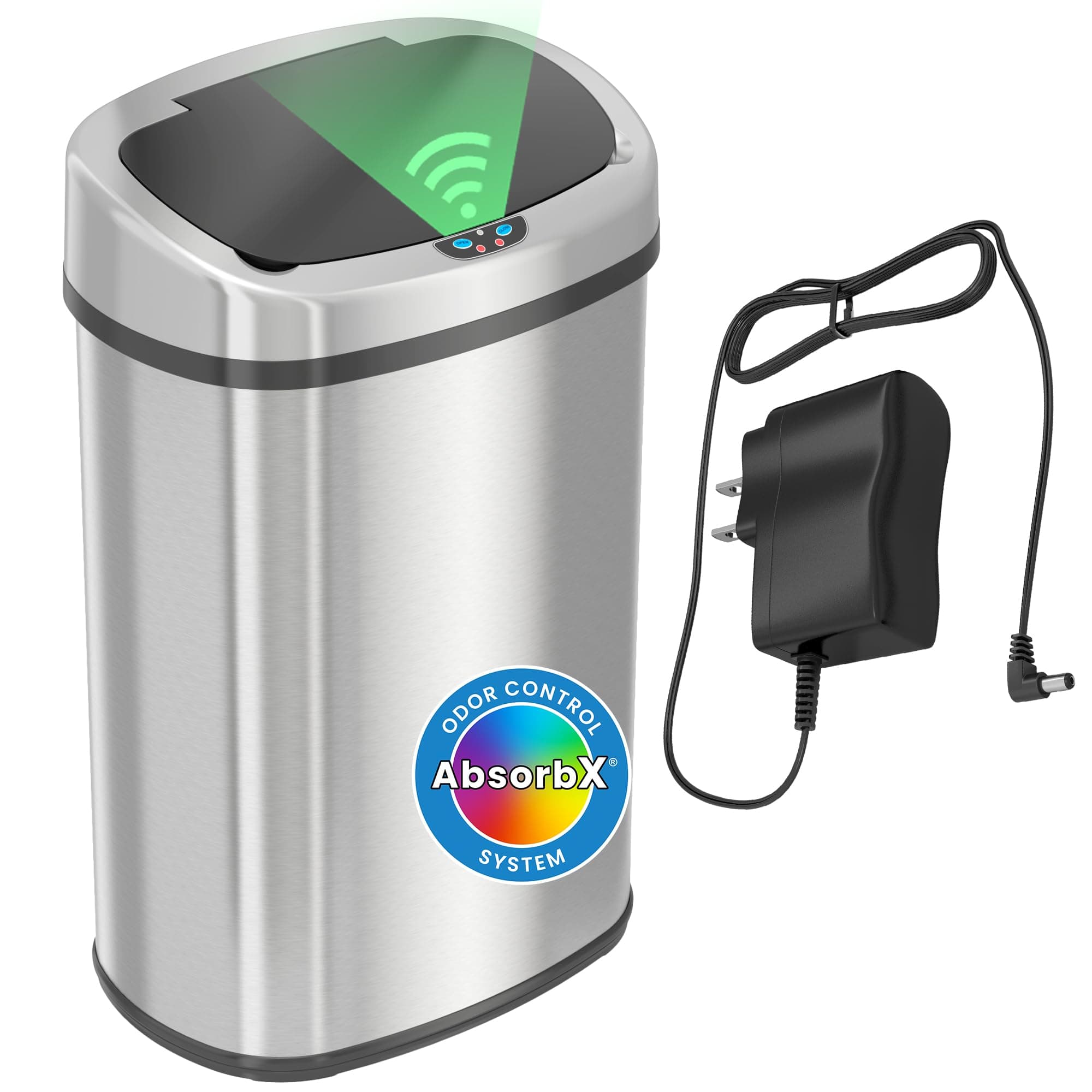 SensorCan 13 Gallon Battery-FREE Automatic Sensor Kitchen Trash Can with Power Adapter, Oval Shape Stainless Steel Garbage Bin with AC Plug