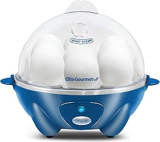 Elite Gourmet EGC700BL# Rapid Egg Cooker, 7 Easy-To-Peel, Hard, Medium, Soft Boiled Eggs, Poacher, Omelet Maker, Auto Shut-Off, Alarm, 16-Recipe Booklet, BPA-Free, Ocean