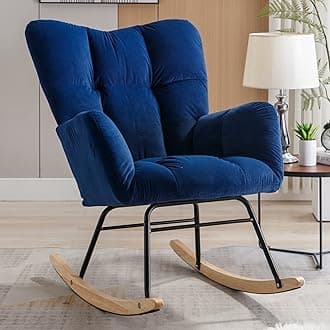 NIOIIKITNursery Rocking Chair Velvet Upholstered Glider Rocker Rocking Accent Chair Padded Seat with High Backrest Armchair Comfy Side Chair for Living Room Bedroom Offices (Blue Velvet)