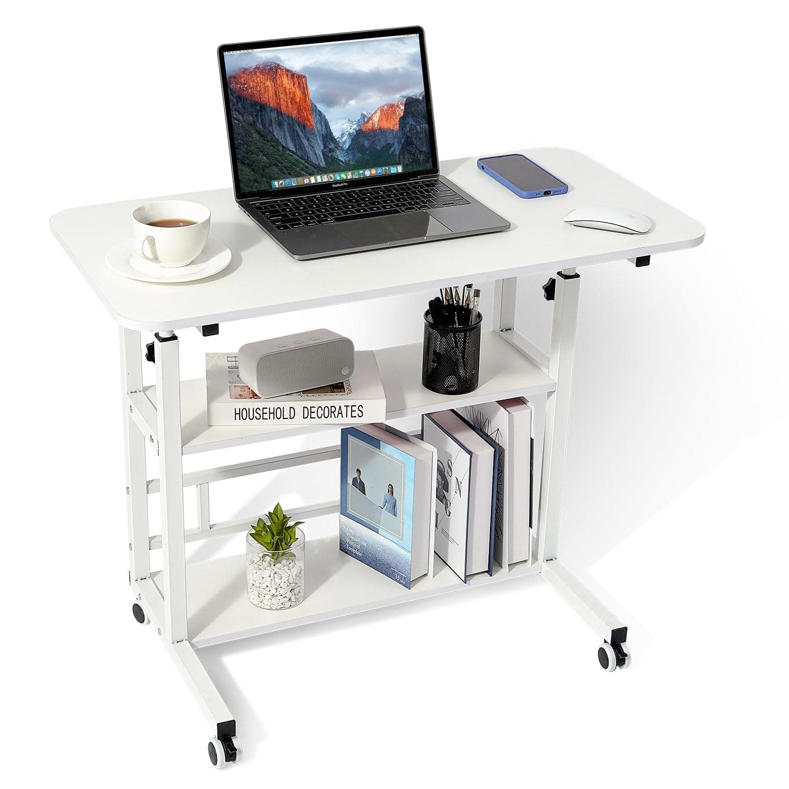– Adjustable Height Student Computer Desk, Mobile Portable Laptop Table for Home Office, 32" Small Spaces Standing Desk with Storage for Bedside Study Work Game on Wheels (White, 80*40*(60-90)cm)