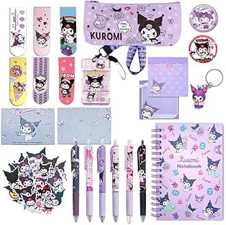 HASTHIP® 23Pcs Kawaii Kuromi School Supplies Set, Kawaii Stationeries Set with Notebook Pencil Pouch, Click Pens, Card Holder, Book Markers, 50Pcs Kuromi Stickers, Note Stickers, Girls School Gift Set