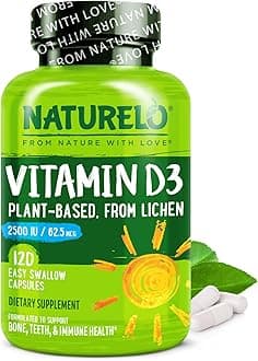 NATURELO Vitamin D3-2500 IU - Plant Based from Lichen - Natural D3 Supplement for Immune System, Bone Support, Joint Health - Vegan - Non-GMO - Gluten Free - 120 Capsules