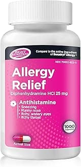 - Allergy Relief Capsules, Antihistamine, Diphenhydramine HCL 25mg, Relieves Seasonal Indoor or Outdoor Allergies, Runny Nose, Sneezing Allergy Relief (1000 Capsules)