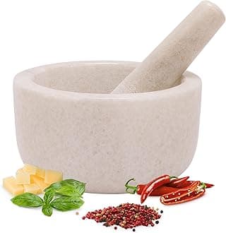 H&S Alliance Mortar and Pestle Set - Premium Stone Pestle and Mortar Bowl & Grinder - Spice Herb Crusher Pesto Guacamole Maker for Kitchen - 7.1" (18cm) Diameter - White Marble