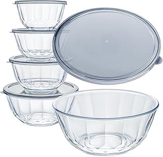 Luvan Glass Mixing Bowls with Lids Set of 5(0.85qt,1.11qt,1.69qt,2.85qt,4.7qt), Large Salad Bowl with Diamond Pattern & Grey Transparent Lids, Kitchen Clear Mixing Bowl for Serving Baking Prep Storage