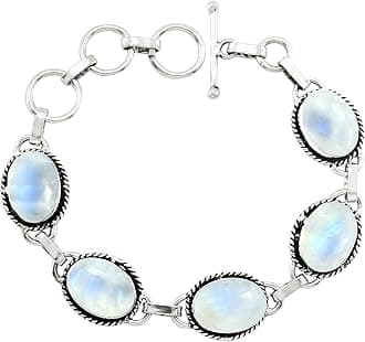 Oval Shape Natural & Synthetic Gemstones 925 Silver Plated Handmade Link Bracelets for Women - Birthstone Vintage Style Bohemian Adjustable Bracelet - Gifts for Wedding Anniversary Christmas