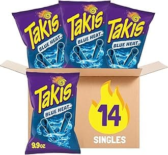 Takis Blue Heat Rolled Tortilla Chips, Hot Chili Pepper Flavored, Multipack Box with 14 Bags of 9.9 Ounces