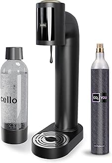 Cello Sparkling Water and Soda Maker Machine in Black with 1 Litre Reusable BPA-Free Water Bottle for Carbonating & Co2 Gas Cylinder, No Electricity Required, Sparkling Water Make