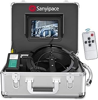 Sanyipace 1080P FHD Sewer Camera, Remote Control, 5X Zoom in/Out, Sapphire Lens, Battery Level Display, 12 Adjustable White LED Lights, 7'' LCD Screen, IP68 Industrial Endoscope, 16GB Card, 65FT/20M