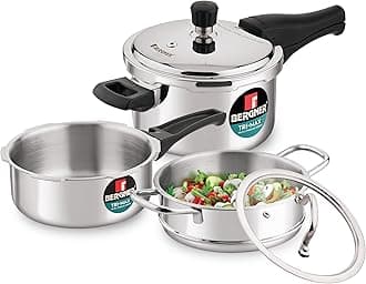 Bergner Tri-Max TriPly Multi Combo of 3L TriPly Pressure Cooker + 2L Pressuer Pan with Common Lid and 18cm Steamer with Flat Glass Lid, Durable, Ergonomic Handle, Induction Bottom and Gas Stove Ready