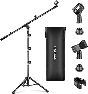 Mic Stand Floor Adjustable - Tripod Boom Arm Microphone Stand with Carrying Bag 2 Mic Clips 3/8" to 5/8" Adapter for Singing Podcast Compatible with Blue Yeti Shure SM58 SM48 Fifine K669B