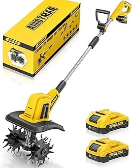 Alloyman 20V Cordless Tiller Cultivator, 360RPM Electric Garden Tiller, with 2 * 2.0Ah Batteries & Charger, 9In Tilling Width and 6.6In Depth Garden Rototiller for Lawn/Gardening/Soil Cultivation