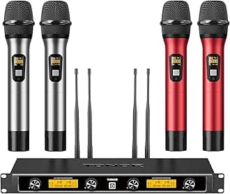 TONOR Wireless Microphones System, 4x5 Channel UHF Wireless Mic,4 Handheld Adjustable Frequency Metal Cordless Dynamic Mic,Multiset Operation, 90 m Ideal for Karaoke Singing Wedding Church,Silver&Red