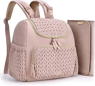 mommore Diaper Bag Backpack, Stylish Travel Baby Bag with Insulated Pockets, Changing Pad and Stroller Straps for Toddler (S-Pink, Small-17L)