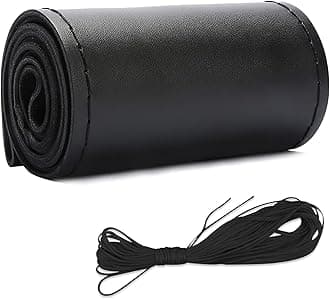 Leather Steering Wheel Cover, DIY Sewing with Needle & Thread, Breathable Anti-Slip Car Steering Wheel Protector, Universal 15 Inch Auto Steering Wheel Stitch on Wrap (Black, Glossy)